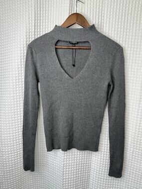 Express Women’s Small Gray Ribbed Choker Neck Cutout V Neck Sweater Top